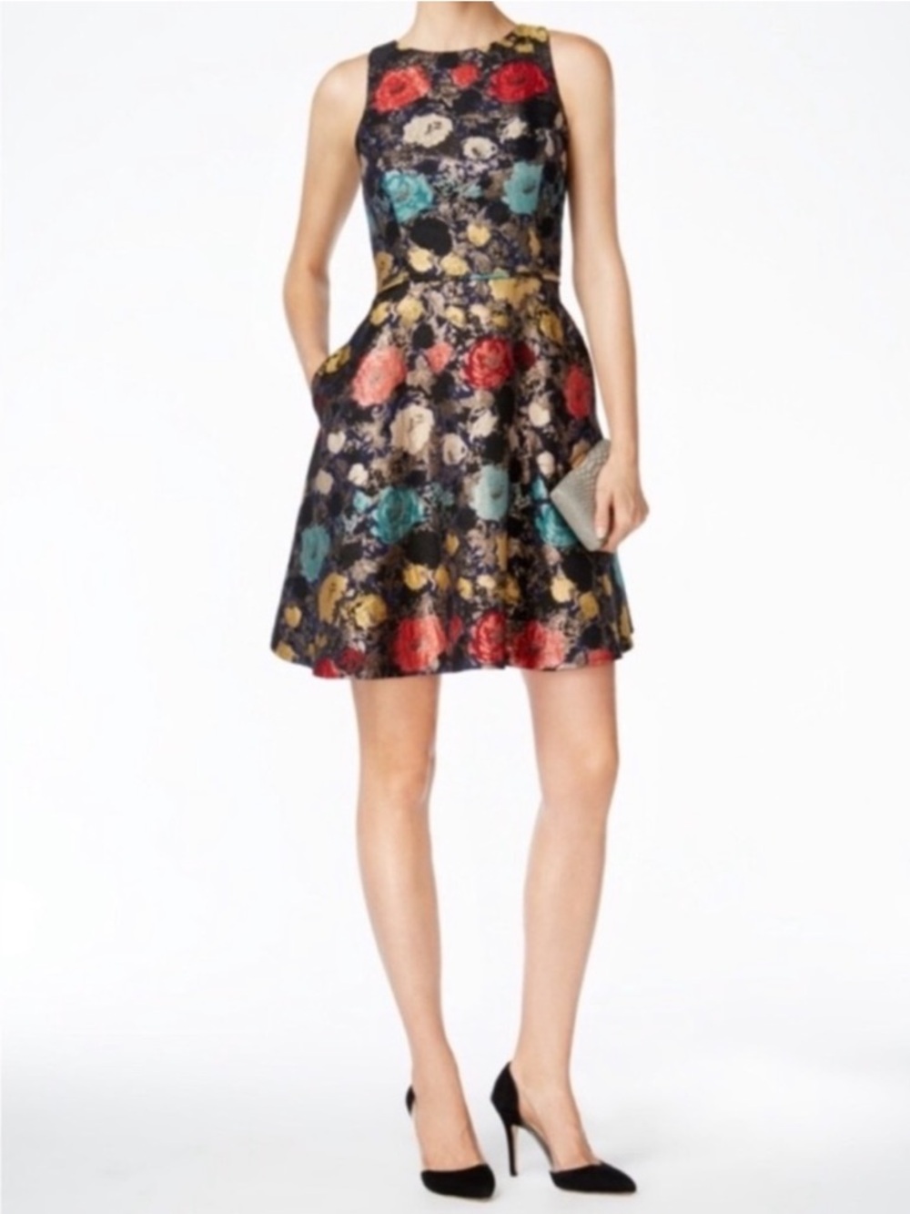 Tahari Cold Shoulder Floral Fit & Flare Metallic Jacquard dress 8 chic,cocktail - Picture 5 of 16